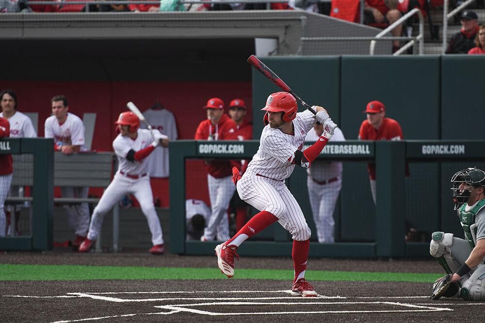 Sophomore catcher Jacob Cozart prepares for an at bat during the opening day game against Wagner on Doak Field at Dail Park on Friday, Feb. 17, 2023. The Wolfpack beat the Seahawks 14-1