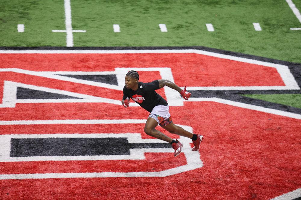 Safety Cyrus Fagan completes a defensive drill during NC State's Pro Day at the Close-King Indoor Facility on Tuesday, March 28, 2023.
