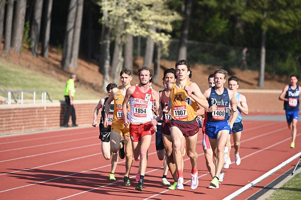 Graduate distance runner Ian Shanklin runs the men's 1500-meter at the Raleigh Relays meet at Paul Derr Track Facility on Thursday March 23, 2023. Shanklin set a personal best time of 3:43.08.