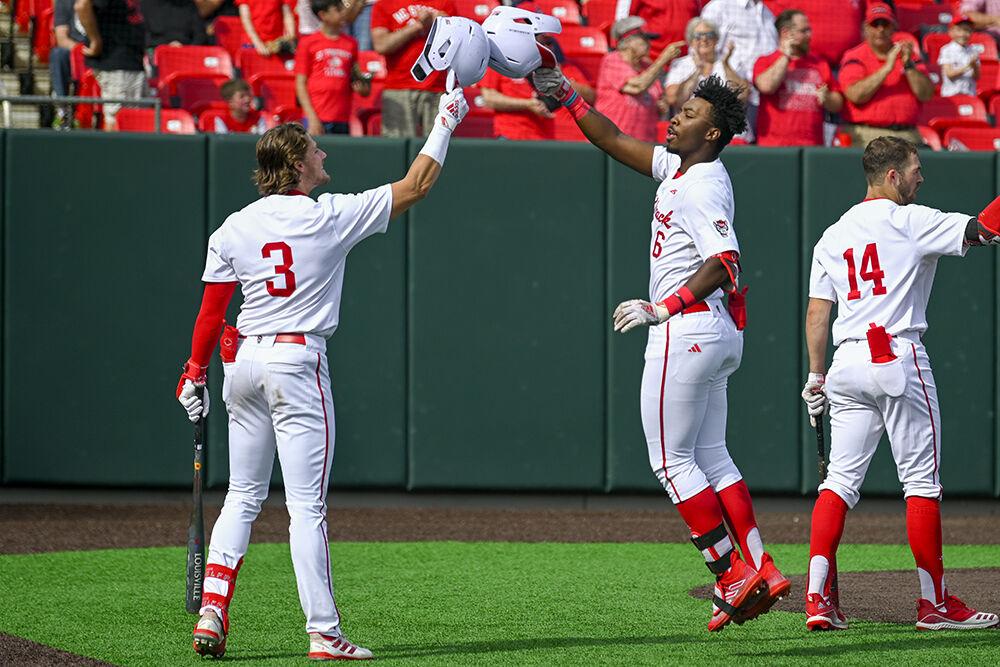Junior infielder LuJames Groover celebrates with his teammates after a home run during the game against The Citadel at Doak Field at Dail Park on Saturday, April 29, 2023. Groover scored one run. NC State beat The Citadel 12-3.