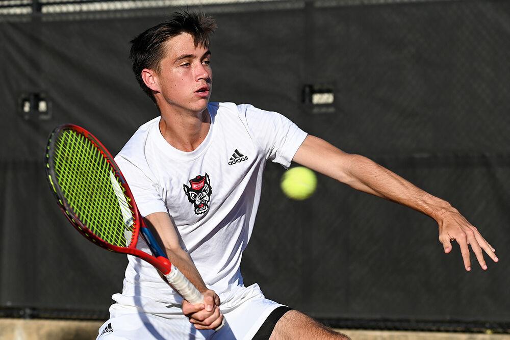 Redshirt sophomore Braden Shick forehands the ball during the match against Wake Forest at Dail Outdoor Tennis Stadium on Wednesday, April 12, 2023. Shick won his singles match 7-6, 6-4. NC State beat Wake Forest 4-2.