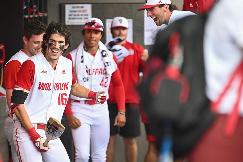 Freshman infielder Eli Serrano celebrates hitting a home run during the game against Florida State at Doak Field at Dail Park on Sunday, April 16, 2023. NC State beat FSU 5-3 with NC State sweeping the series.