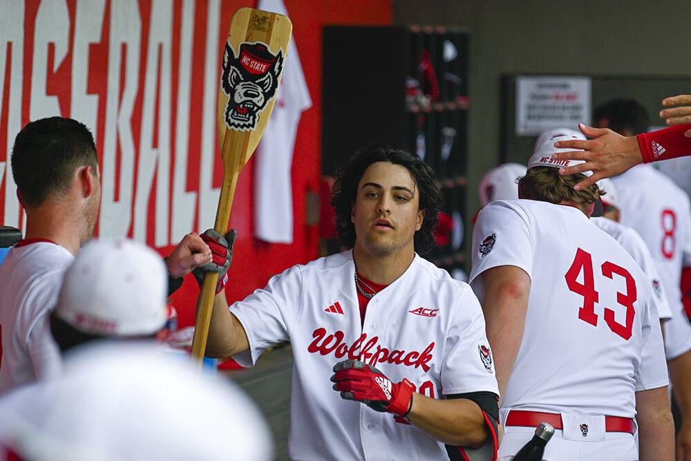 Graduate outfielder Trevor Candelaria celebrates after a home run during the game against The Citadel at Doak Field at Dail Park on Saturday, April 29, 2023. Candelaria scored one run. NC State beat The Citadel 12-3.