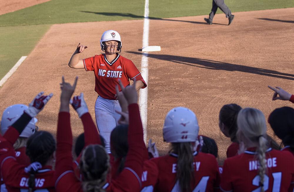Sophomore infielder Hannah Goodwin runs to home plate during the game against North Carolina A&amp;T at Dail Softball Stadium on Wednesday, March 29, 2023. NC State won 8-2.