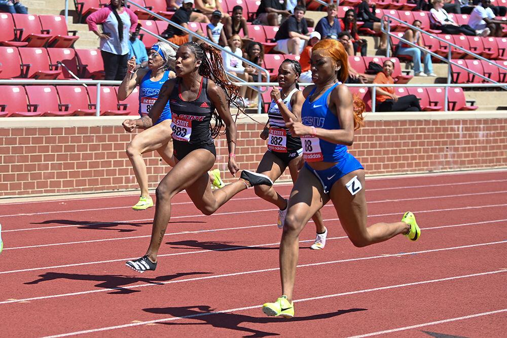 Sophomore Zahra Bichara runs the women's 100-meter at the Raleigh Relays at Paul Derr Track on Friday, March 24, 2023. Bichara finished third in her heat.