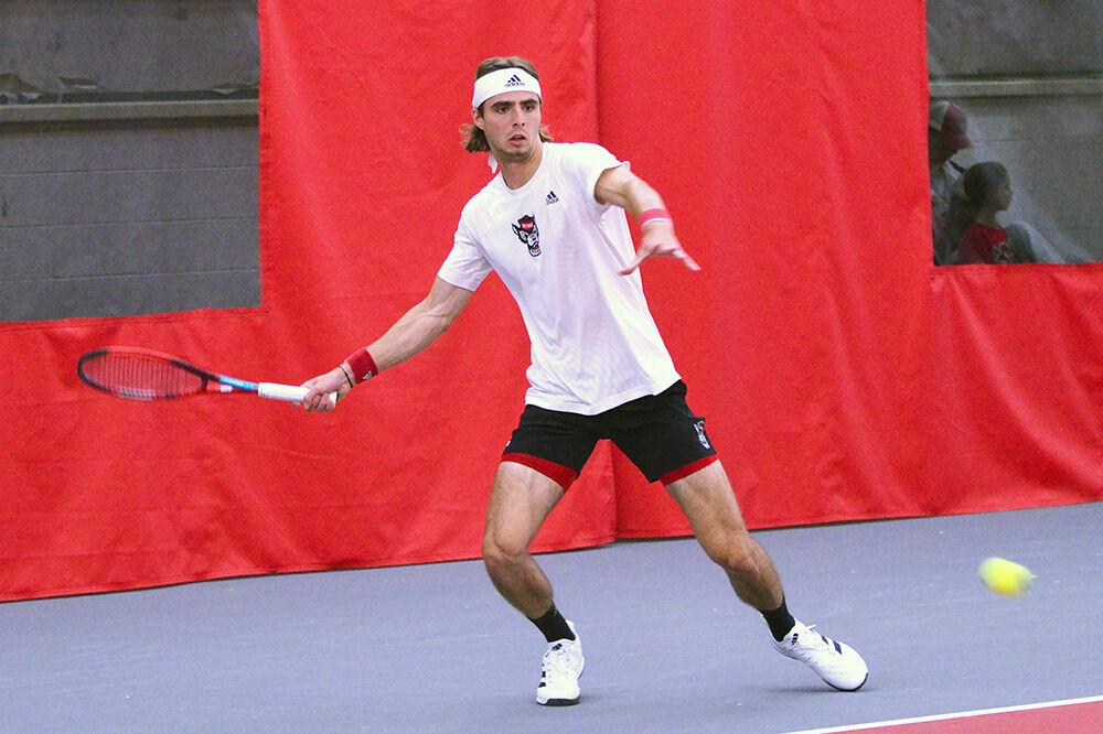 Senior Robin Catry prepares to return the ball during the match against Virginia Tech at J.W. Isenhour Tennis Center on Friday, April 7, 2023. Catry won his singles matches 6-0, 6-1. NC State beat Virginia Tech 5-2.