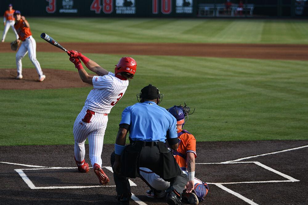 Sophomore infielder/outfielder Will Marcy records a hit during the Wolfpack's home game against the Clemson Tigers on Doak Field at Dail Park on Friday, April 21, 2023. Marcy had three hits and scored one run. The Tigers beat the Wolfpack 10-2.