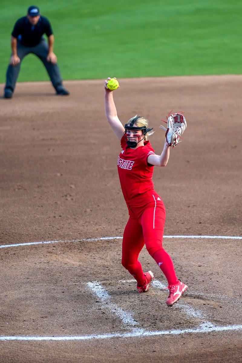 Freshman pitcher Madison Inscoe pitches the ball during the game against UNC-Chapel Hill at Dail Softball Stadium on Friday, April 21, 2023. NC State lost to the Tar Heels 5-4.