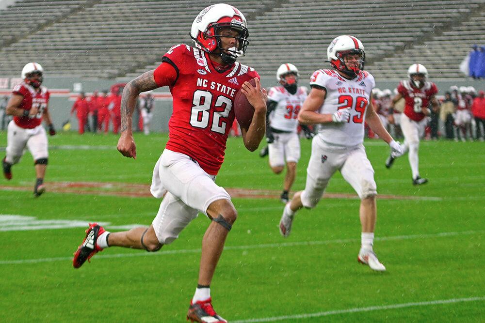 Sophomore wide receiver Terrell Timmons Jr. makes a run for the end zone during the spring game at Carter-Finley Stadium on Saturday,&#160;April 8, 2023. The Red team beat the White team 41-10.