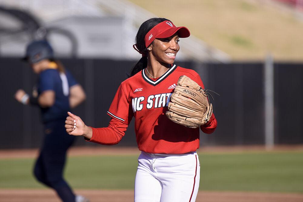 Freshman utility player Makayla Marbury celebrates a run during the game against North Carolina A&amp;T at Dail Softball Stadium on Wednesday, March 29, 2023. NC State won 8-2.