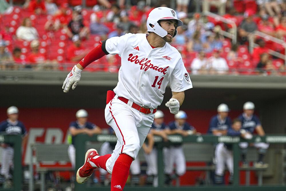 Sophomore infielder Jacob Cozart runs to first base after hitting the ball during the game against The Citadel at Doak Field at Dail Park on Saturday, April 29, 2023. Cozart scored one run. NC State beat The Citadel 12-3.