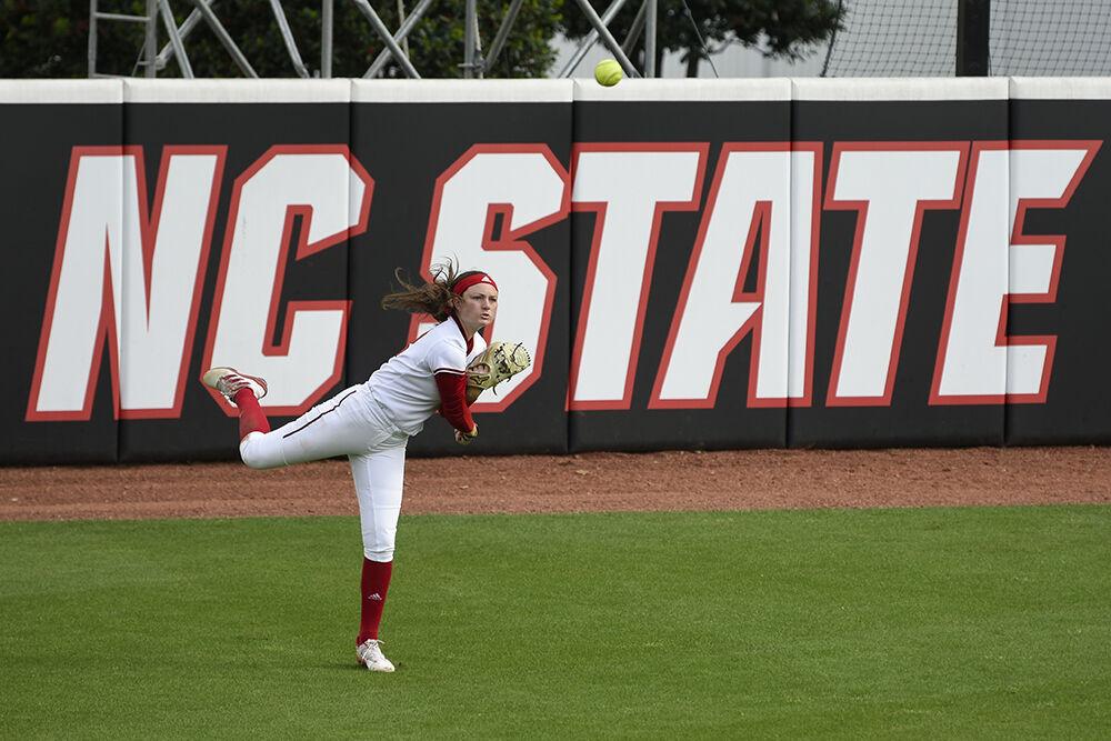 Graduate outfielder Rebecca Murray throws the ball during the game against Clemson at Dail Softball Stadium on Sunday, April 16, 2023. Murray scored one run. NC State beat Clemson 7-5.