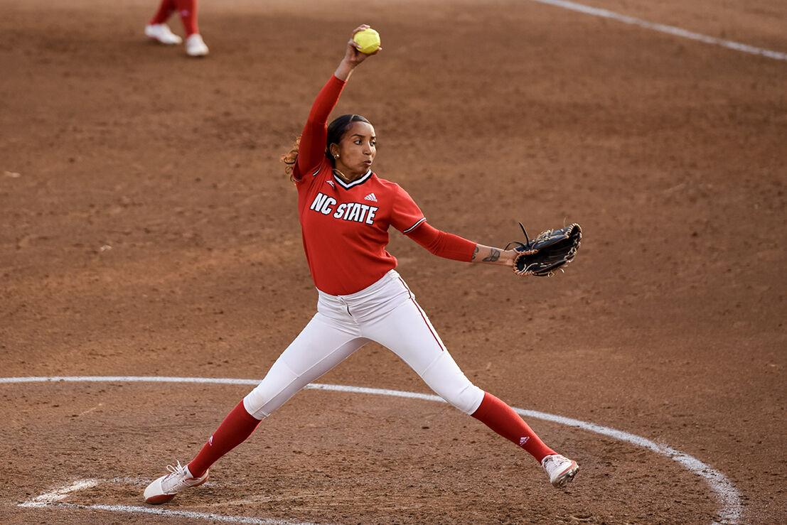Redshirt junior Aisha Weixlmann pitches the ball during the game against Radford in Dail Softball Stadium on Wednesday, March 22, 2023. Weixlmann struck out three players. NC State beat Radford 8-7.