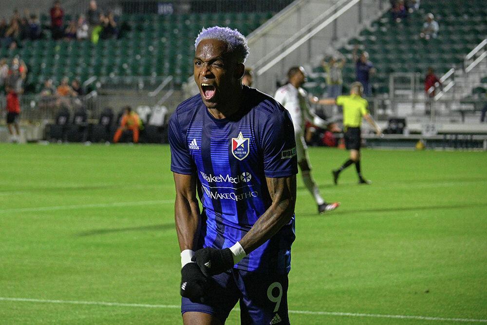 North Carolina FC forward Oalex Anderson celebrates after a goal against the Chattanooga Red Wolves at Sahlen's Stadium in WakeMed Soccer Park on Friday, April 21, 2023. Anderson scored two goals against the Red Wolves. NCFC beat the Red Wolves 3-0.