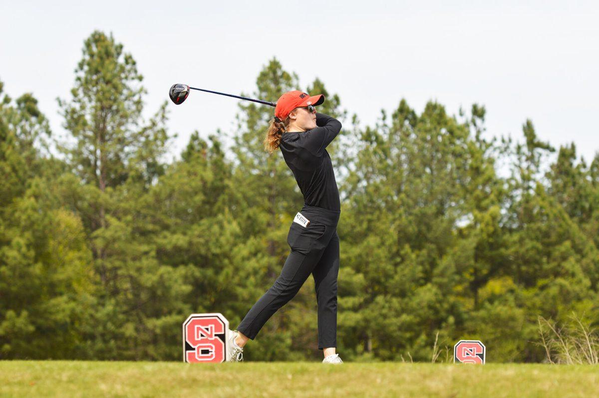 Senior Natalie Armbruester tees off during her match versus Louisville in the Wolfpack Match Play&#160;semifinals at Lonnie Poole Golf Course&#160;on Monday, April 3, 2023. Ambruester lost her final match versus Florida State 1-up. NC State beat Louisville 3-1-1 in the semifinals and beat FSU 3-2-0 in the finals.