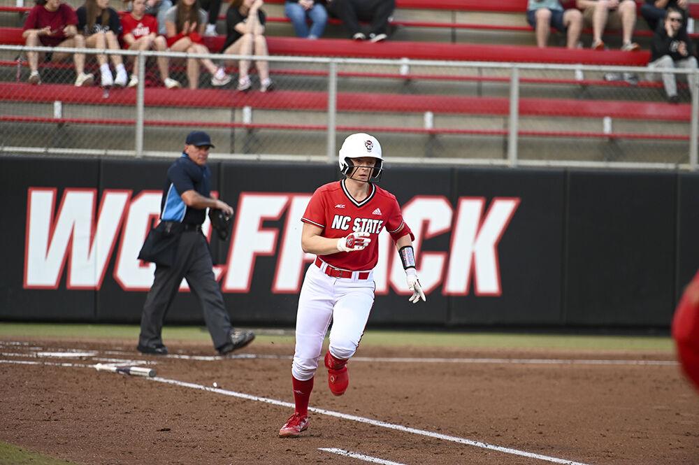 Graduate outfielder Katlyn Pavlick runs to first base during the game against Elon at Dail Softball Stadium on Wednesday, Feb. 22, 2023. Pavlick scored one run. NC State beat Elon 11-3.