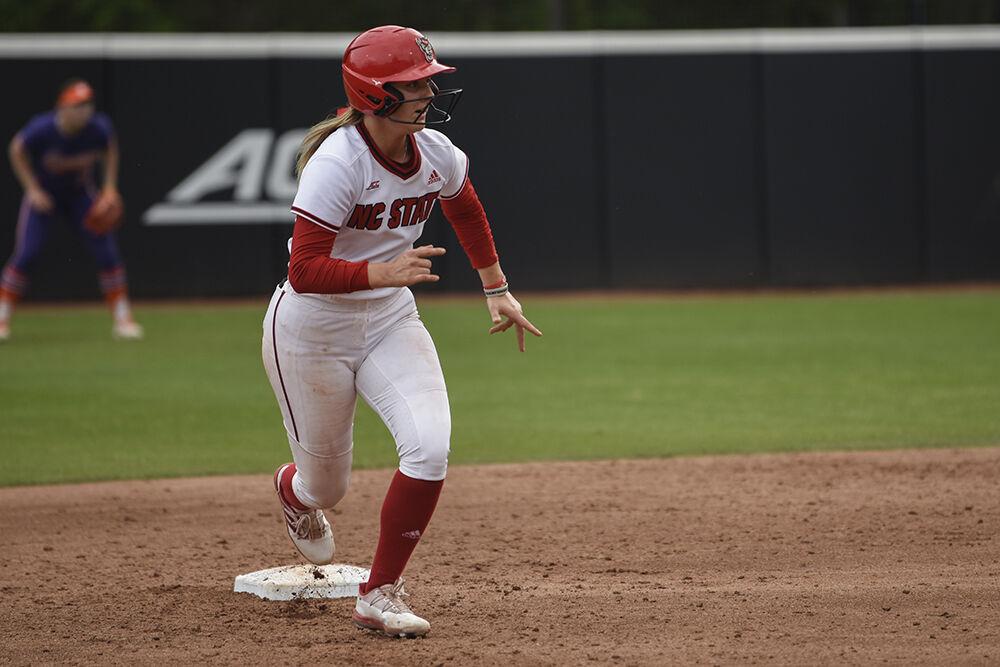 Sophomore infielder Hannah Goodwin runs to third base during the game against Clemson at Dail Softball Stadium on Sunday, April 16, 2023. Goodwin had two hits. NC State beat Clemson 7-5.