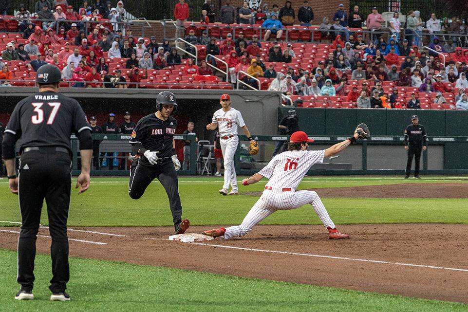 Freshman infielder Eli Serrano records an out during the game against Louisville at Doak Field at Dail Park on Friday, March 31, 2023. Serrano had one run. NC State beat Louisville 6-5.