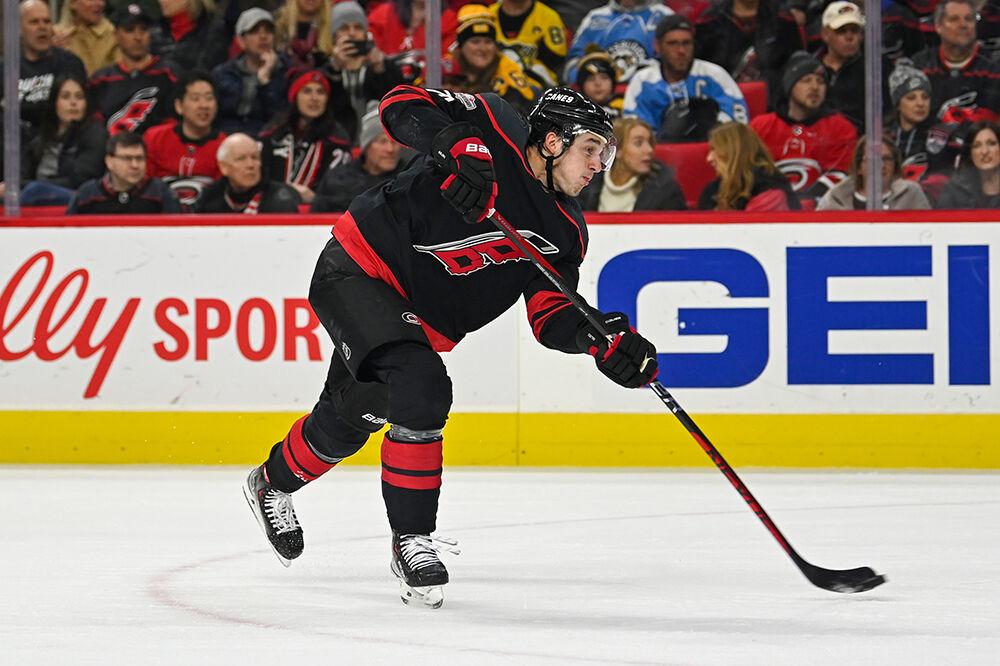 Carolina Hurricanes defenseman Brady Skjei shoots the first goal of the game against the Pittsburgh Penguins in PNC Arena on Saturday, Jan. 14, 2023. The Hurricanes beat the Penguins 2-1.