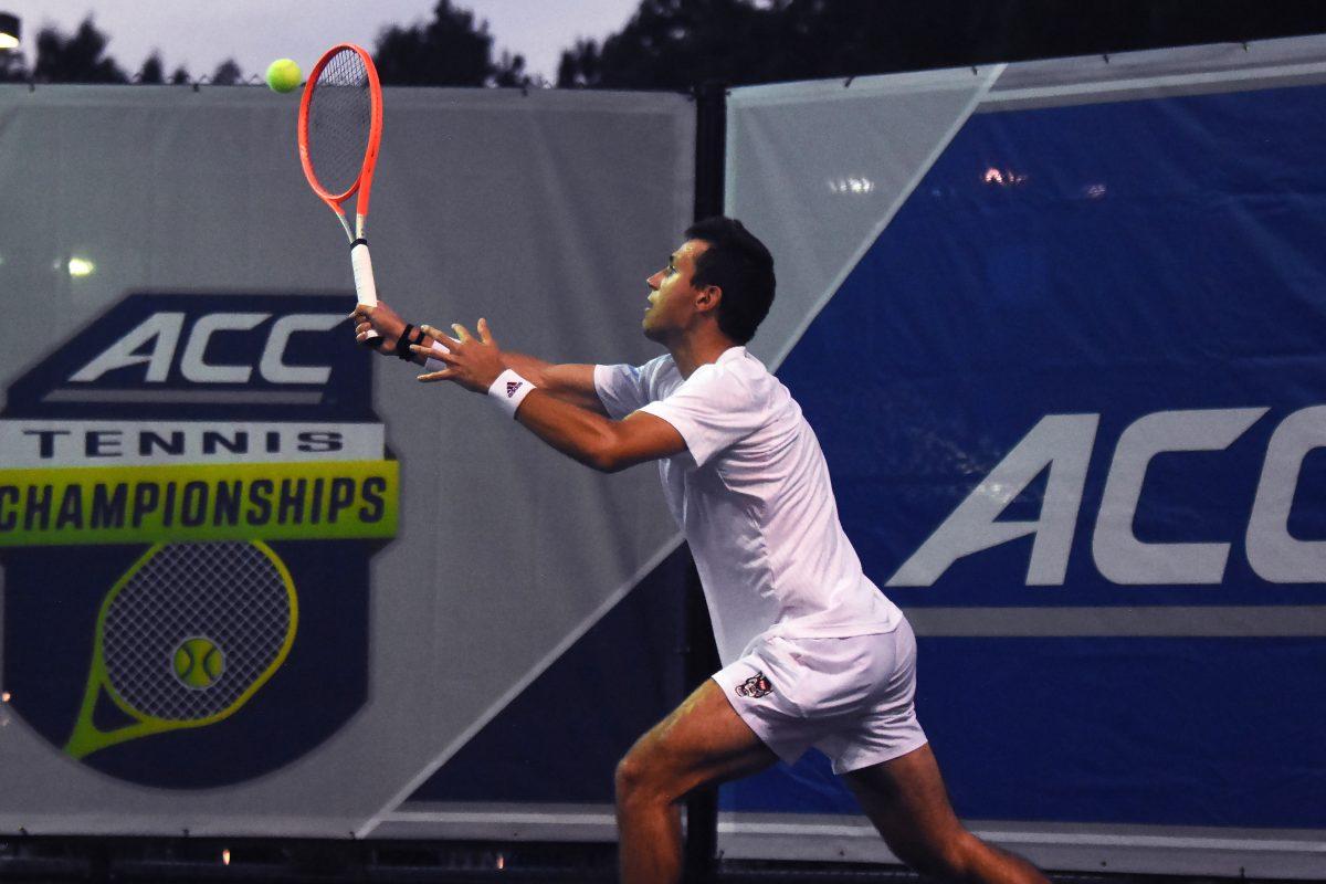 Junior Luca Staeheli returns the ball during the match versus Wake Forest in the 2023 ACC Men's Tennis Championships on Friday, April 21, 2023. NC State lost the match to Wake Forest 2-4.