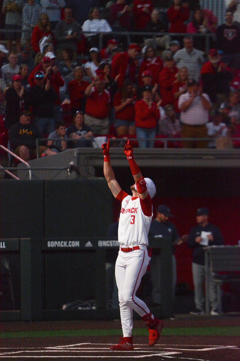 Sophomore outfielder Will Marcy walks home during the Wolfpack's home game against the UNC-Wilmington Seahawks at Doak field at Dail Park on Tuesday April 11, 2023. Marcy had two hits, two runs and three RBI's. NC State won 12-3.