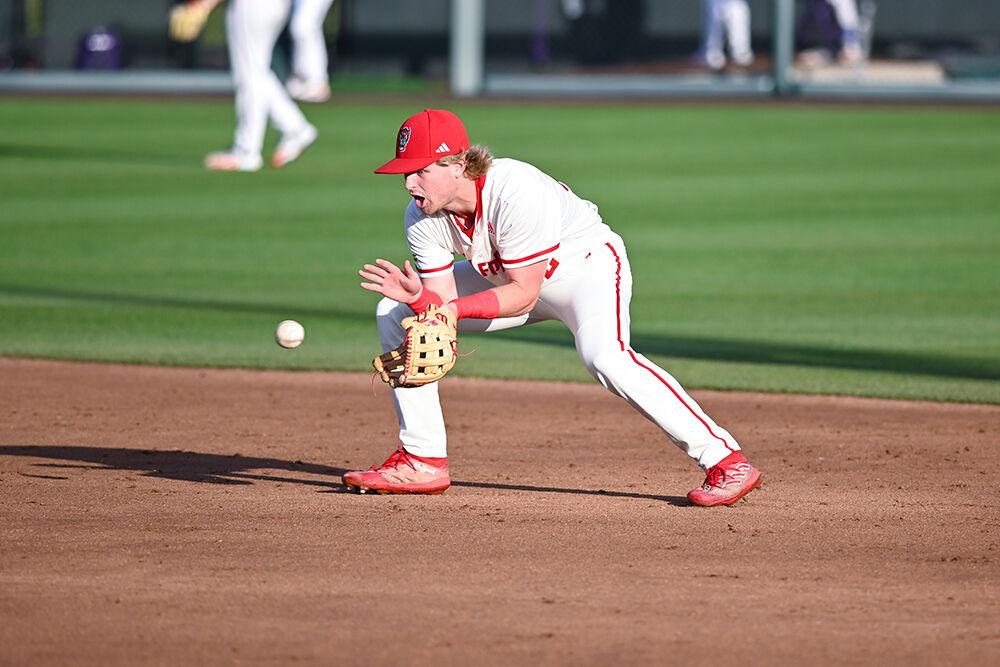 Freshman infielder Matt Heavner catches a ground ball before the game against Clemson at Doak Field at Dail Park on Saturday, April 23, 2023. NC State lost to Clemson 9-7 and lost the series.