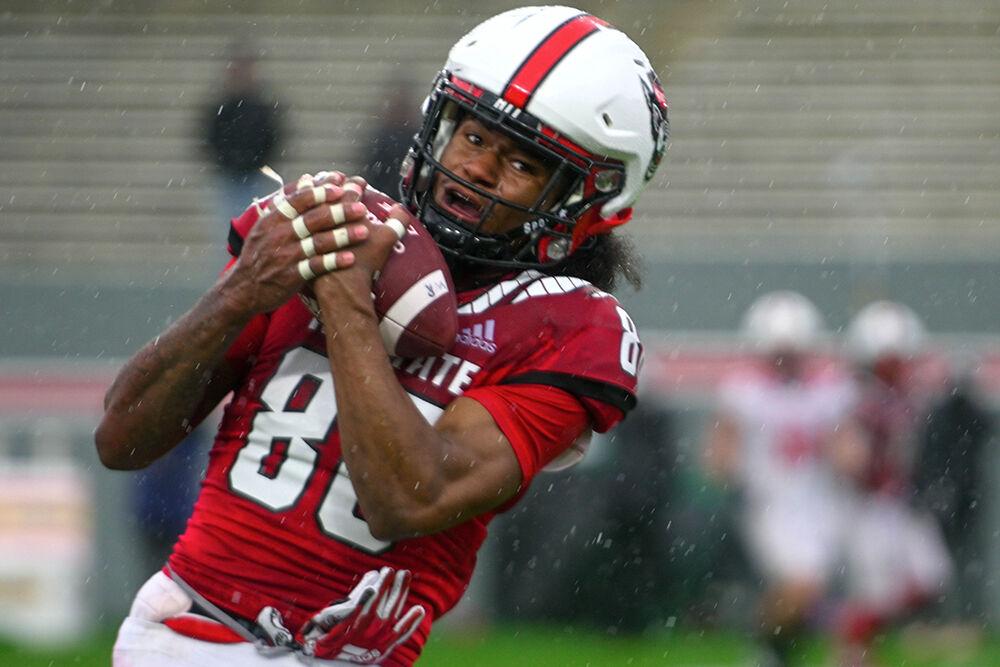 Freshman wide receiver Kevin Concepcion catches the ball during the spring game at Carter-Finley Stadium on Saturday,&#160;April 8, 2023. The Red team beat the White team 41-10.