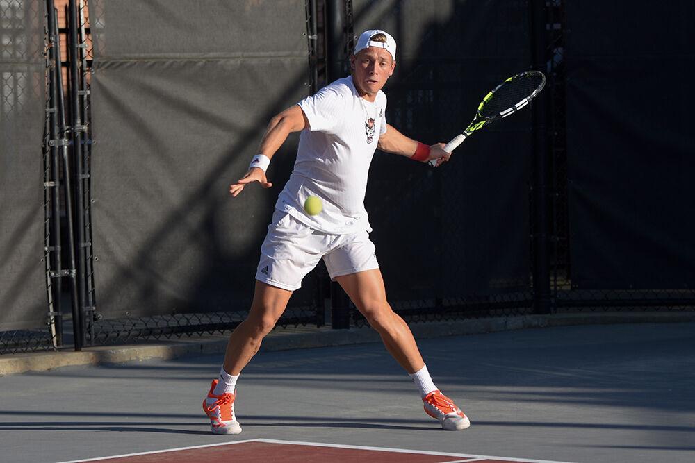 Sophomore Fons Van Sambeek forehands the ball during the match against Wake Forest at Dail Outdoor Tennis Stadium on Wednesday, April 12, 2023. NC State beat Wake Forest 4-2.