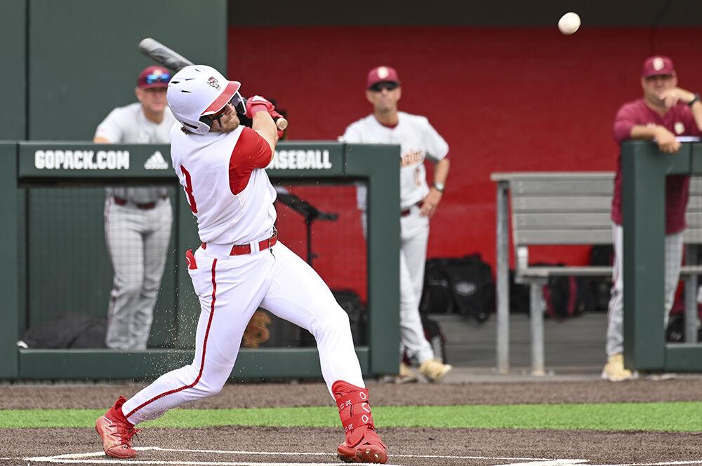 Sophomore infielder Will Marcy hits the ball during the game against Florida State at Doak Field at Dail Park on Sunday, April 16, 2023. NC State beat FSU 5-3 and swept the series.