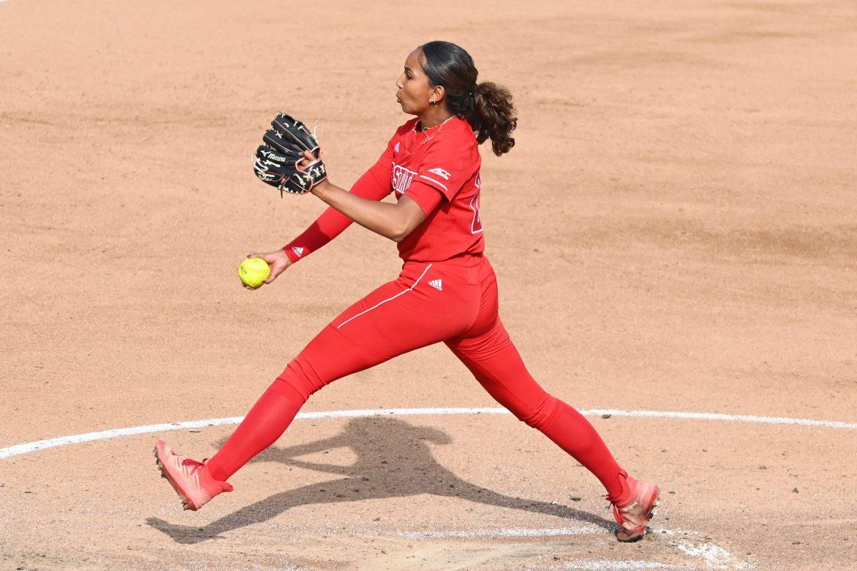 Redshirt junior right-hand pitcher Aisha Weixlmann pitches during the game versus ECU at Dail Softball Stadium on Saturday, April 29,2023. Weixlmann got two strikeouts for the game. NC State beat ECU 4-2.