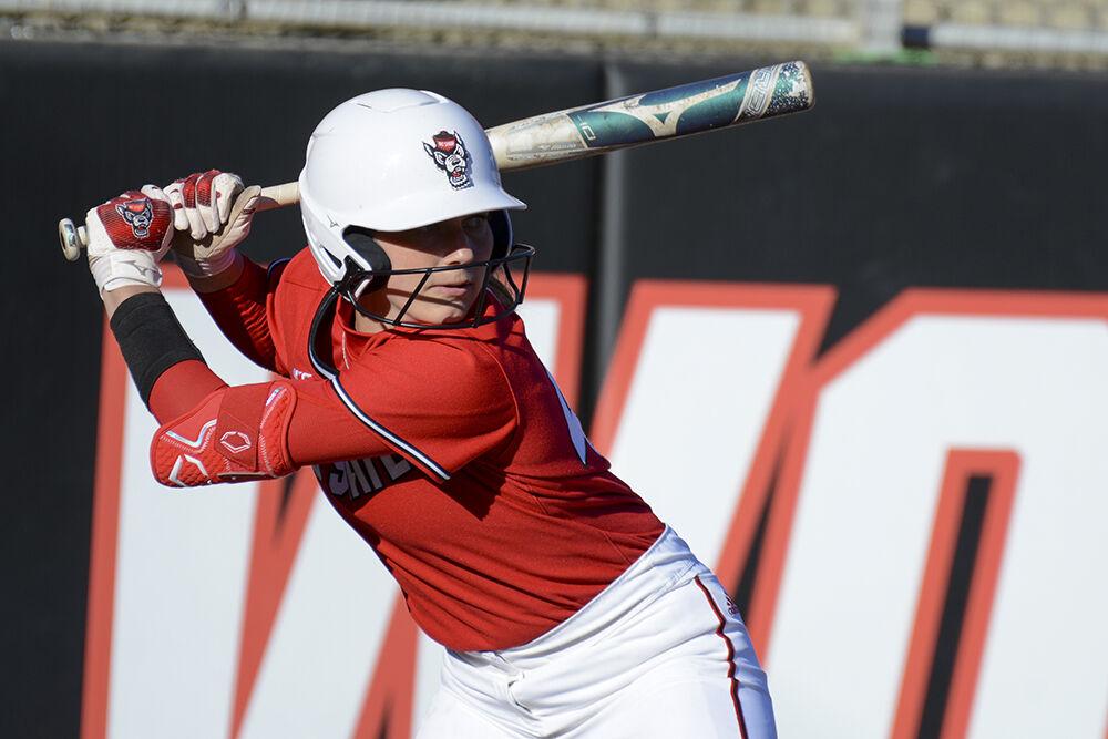 Graduate infielder Taylor Ensley prepares to swing her bat during the game against North Carolina Central University at Dail Softball Stadium on Wednesday, March 8, 2023. NC State beat NCCU 19-9.
