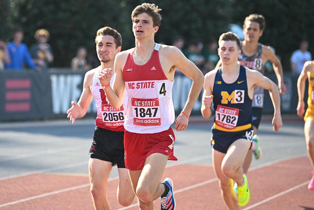 Sophomore distance runner Wesley Larson runs the men's 1500-meter at the Raleigh Relays meet at Paul Derr Track Facility on Thursday March 23, 2023. Larson ran a time of 3:55.67.