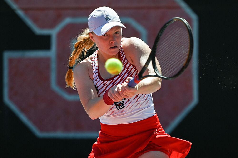 Junior Sophie Abrams forehands the ball during the match against Boston College at Dail Outdoor Tennis Stadium on Sunday, April 2, 2023. Abrams won both her singles and doubles matches. NC State beat Boston College 7-0.