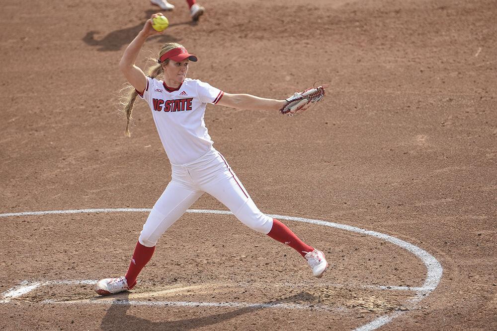 Freshman pitcher Rylee Wyman pitches the ball during the game against Clemson at Dail Softball Stadium on Sunday, April 16, 2023. NC State beat Clemson 7-5.