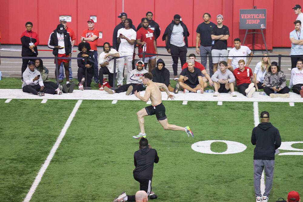 Wide Receiver Thayer Thomas participates in the 40-yard dash during NC State's Pro Day at the Close-King Indoor Facility on Tuesday, March 28, 2023.&#160;
