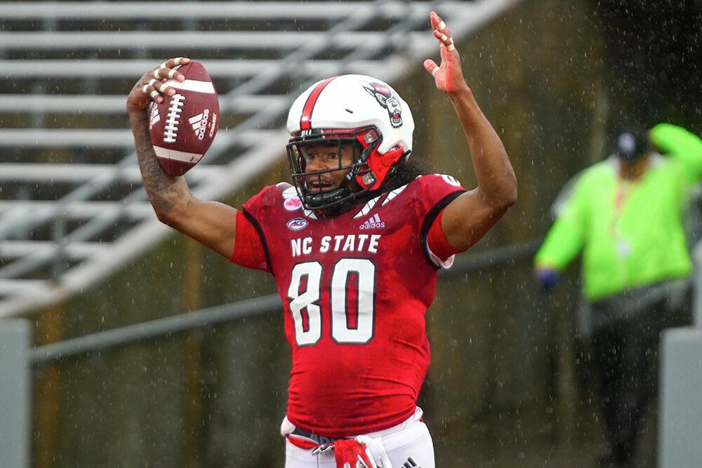 Freshman wide receiver Kevin Concepcion celebrates after a touchdown during the spring game at Carter-Finley Stadium on Saturday,&#160;April 8, 2023. The Red team beat the White team 41-10.