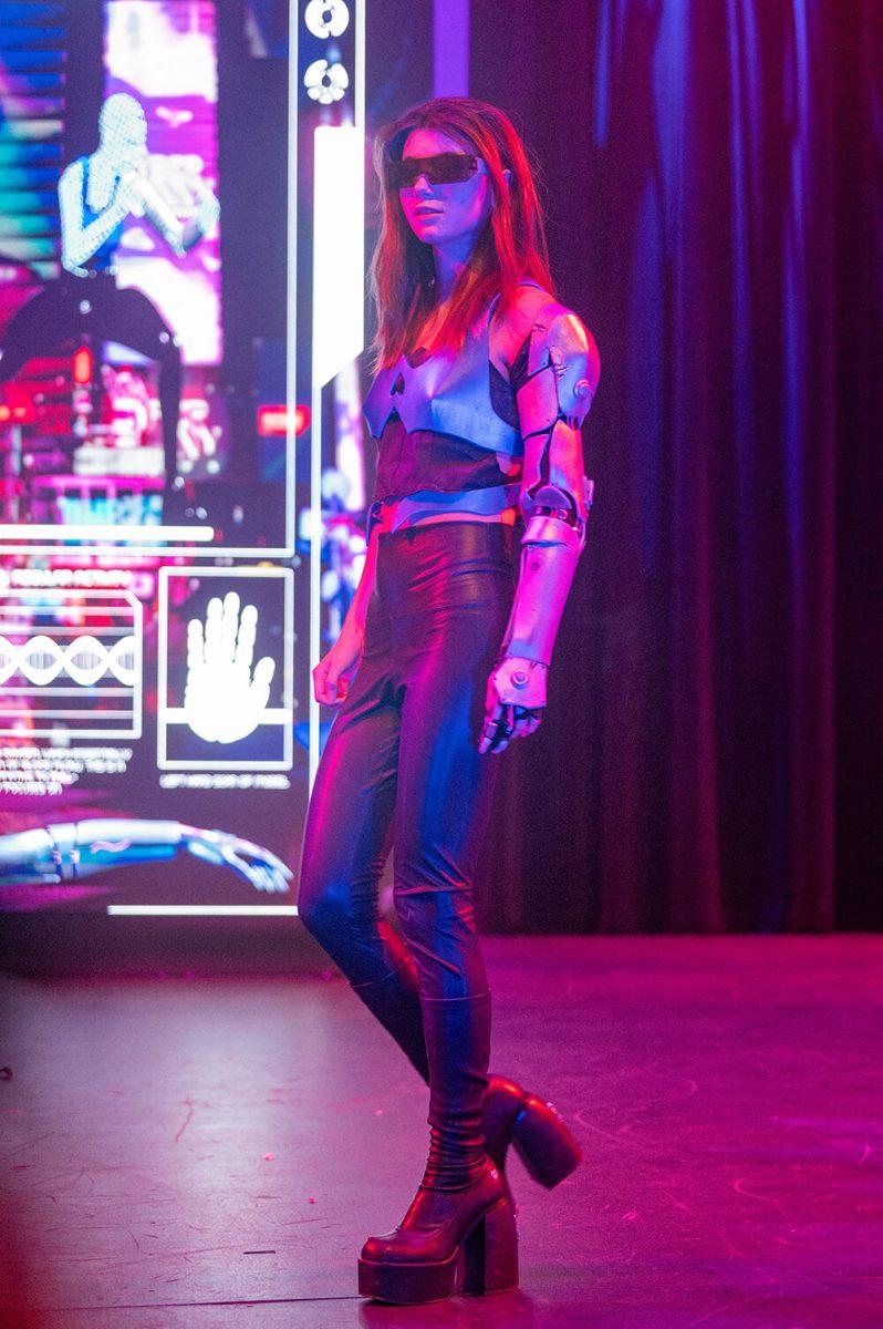 Stella Park, a fourth-year studying art and design, models a futuristic piece from designer Rachel Gore, a fourth-year studying art and design, during the Art2Wear dress rehearsal at Stewart Theatre on Tuesday, April 25, 2023. Gore's collection was titled "Wired."