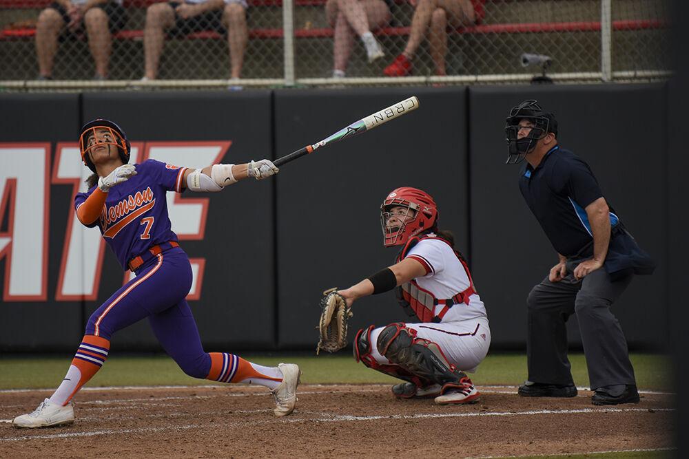 Freshman catcher Amanda Hasler watches the ball during the game against Clemson at Dail Softball Stadium on Sunday, April 16, 2023. Hasler had one hit and scored one run. NC State beat Clemson 7-5.