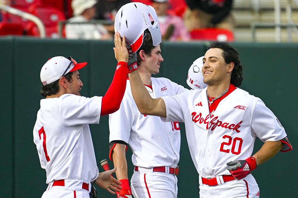 Graduate outfielder Trevor Candelaria celebrates after a home run during the game against The Citadel at Doak Field at Dail Park on Saturday, April 29, 2023. Candelaria scored one run. NC State beat The Citadel 12-3.