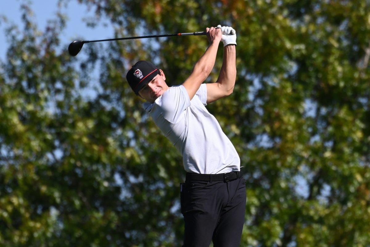 Senior Maximilian Steinlechner drives the ball during the Wolfpack Intercollegiate tournament on Saturday, Oct. 15, 2022. Steinlechner tied for second place with a score of 8-under. NC State tied for second place.