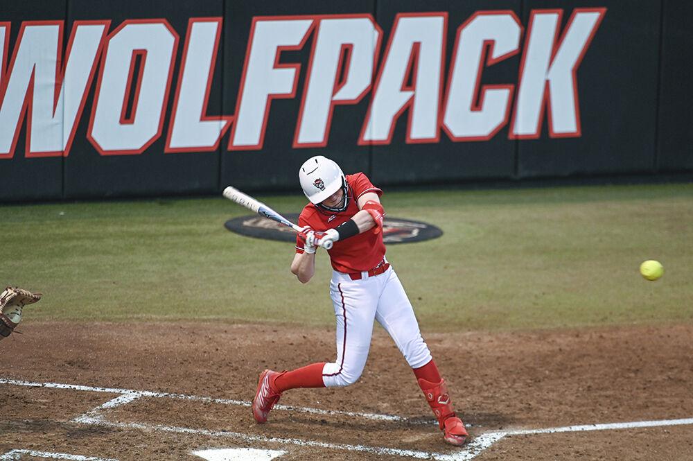 Freshman outfielder Ellie Goins swings her bat during the game against Elon at Dail Softball Stadium on Wednesday, Feb. 22, 2023. Goins scored one run. NC State beat Elon 11-3.