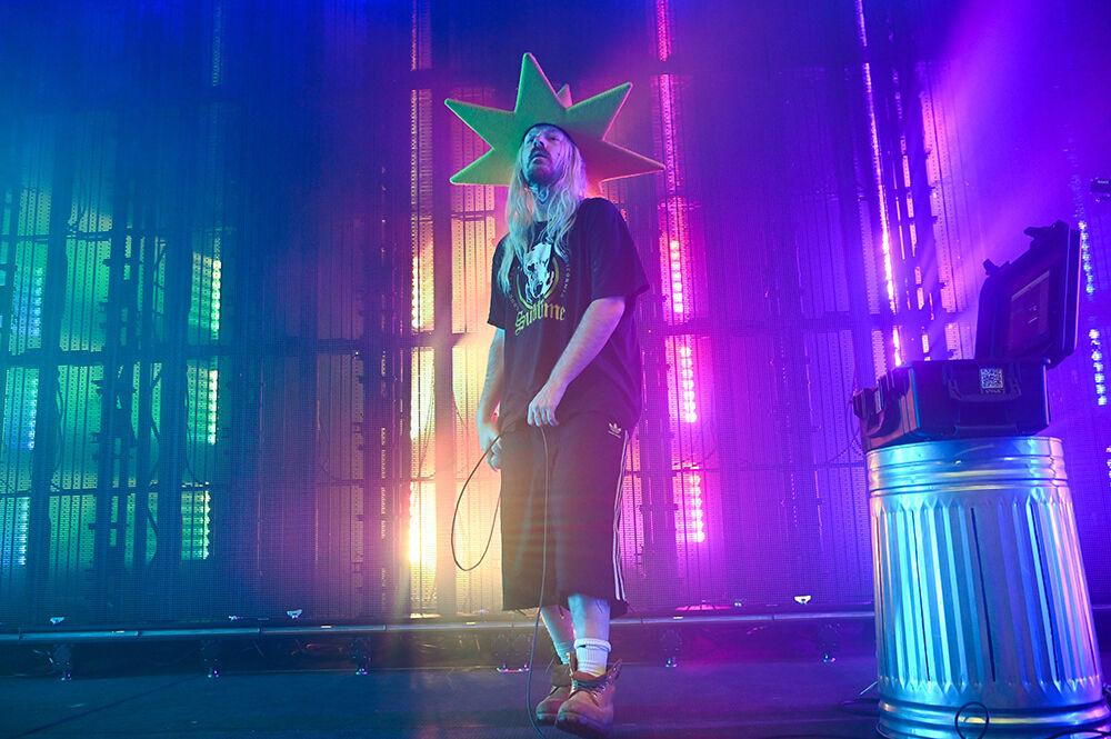 Dylan Brady, one half of 100 Gecs looks out to the crowd during their performance at The Ritz - Raleigh on Tuesday, May 2, 2023. The concert, opened by Machine Girl had some of 100 Gecs' biggest hits performed such as "money machine" and "hand crushed by a mallet."
