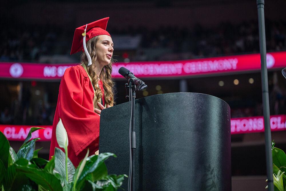Kelsey O'Connor, a fourth-year graduating with a degree in social work, addresses fellow graduates during&#160;the Spring Commencement Ceremony in PNC Arena on Saturday, May 6, 2023. O'Connor was the student speaker for the 2023 Spring Commencement Ceremony.