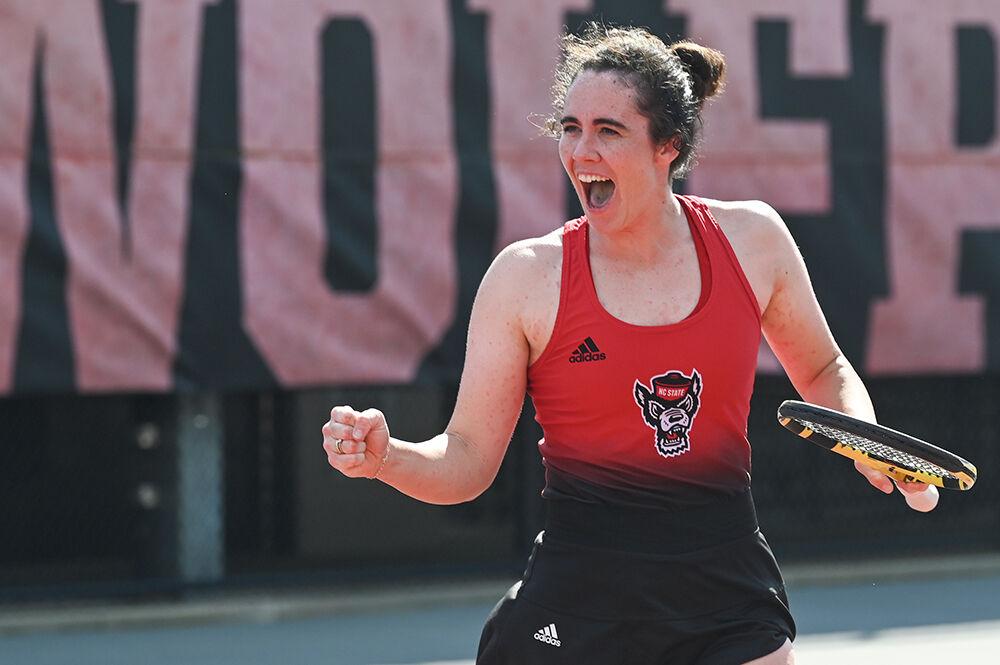 Fifth-year Nell Miller cheers after scoring in the second round match of the NCAA Tournament at Dail Outdoor Tennis Stadium on Saturday, May 6, 2023. Miller and junior Amelia Rajecki won their doubles match 6-2. NC State won the overall match 4-0.