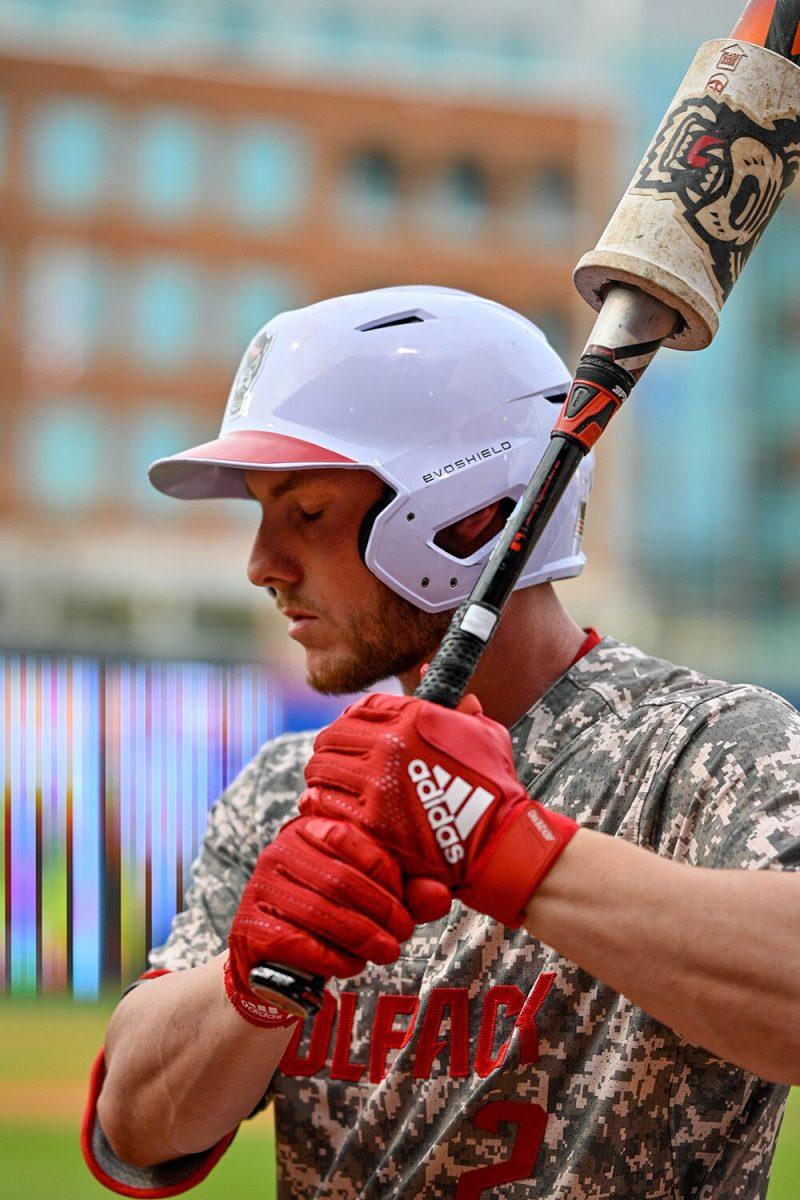 Junior outfielder Noah Soles practices his swing before the ACC Tournament game against Duke at Durham Bulls Athletic Park on Tuesday, May 23, 2023. Soles had two runs for NC State. NC State Beat Duke 8-7.