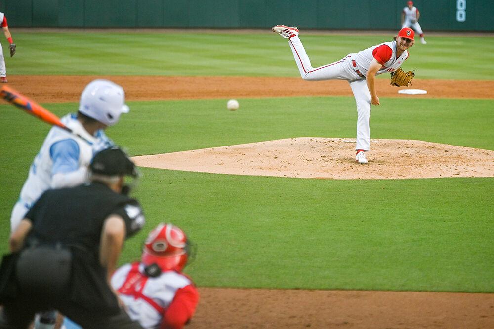 Redshirt junior pitcher Logan Whitaker throws the ball during the game against UNC-Chapel Hill at Bryson Field at Boshamer Stadium on Thursday, May 11, 2023. NC State lost 9-8.