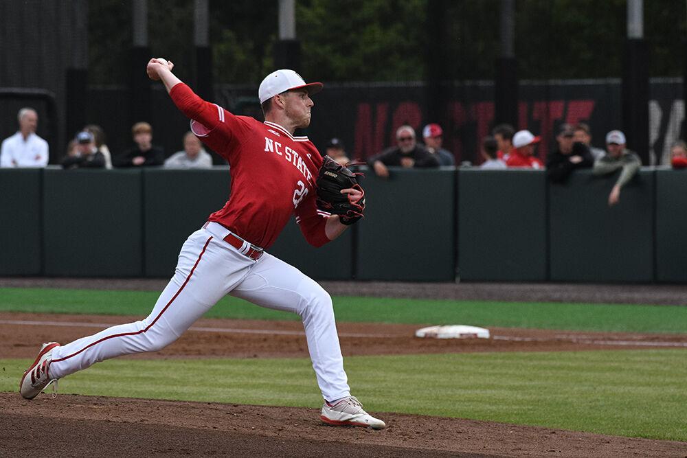Junior pitcher Sam Highfill pitches during the Wolfpack's home game against East Carolina University on Doak Field at Dail Park on Tuesday, April 25, 2023. Highfill allowed zero runs in four innings pitched. The Wolfpack beat the Pirates 5-4.