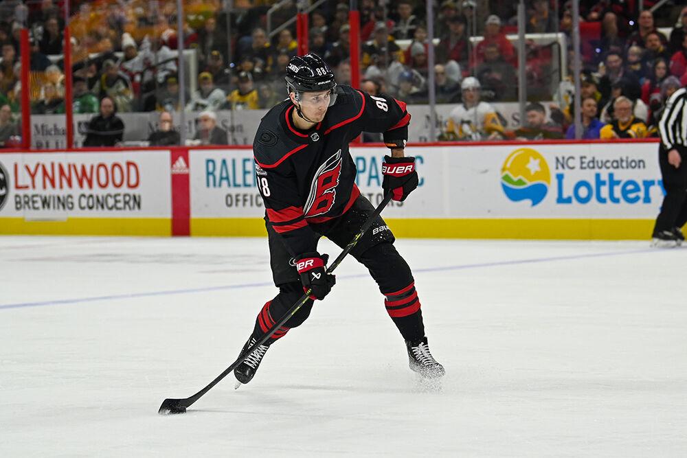 Carolina Hurricanes center Martin Necas shoots the puck during the game against the Pittsburgh Penguins in PNC Arena on Saturday, Jan. 14, 2023. The Hurricanes beat the Penguins 2-1.