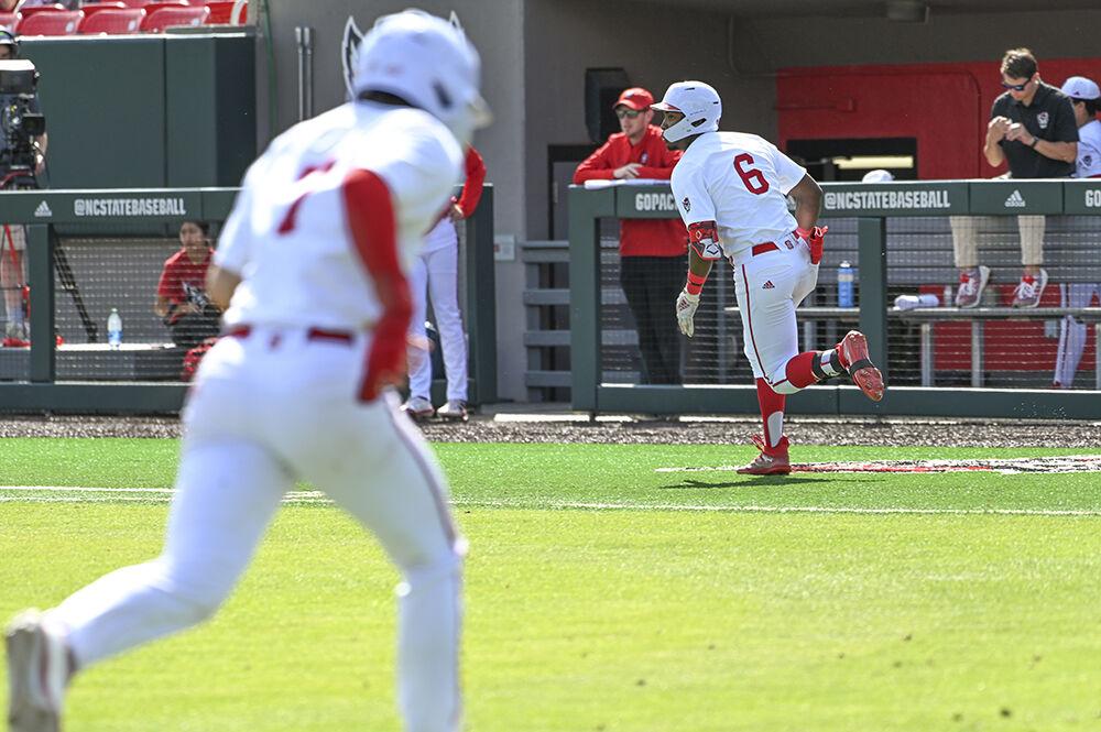 Junior infielders Kalae Harrison and LuJames Groover rotate around the bases during the game against North Carolina A&amp;T at Doak Field at Dail Park on Tuesday, May 2, 2023. The Wolfpack beat the Aggies 6-5.
