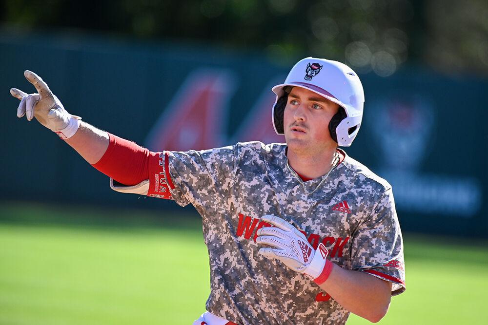 Freshman catcher Cannon Peebles celebrates a home run during the game against NJIT at Doak Field at Dail Park&#160;on Saturday, March 4, 2023. Peebles hit two home runs during the game. NC State beat NJIT 21-2 to win the series.